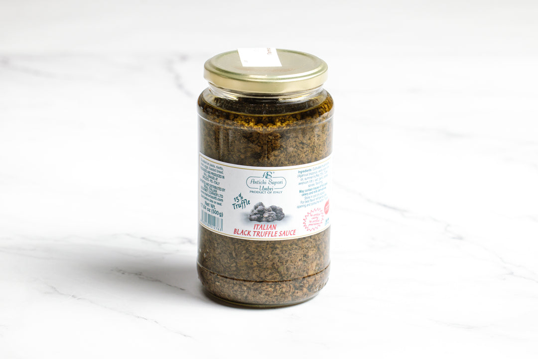 Jar of Italian Black Truffle Sauce. Perfect for pasta, risotto, meat, eggs, or toasted bread.