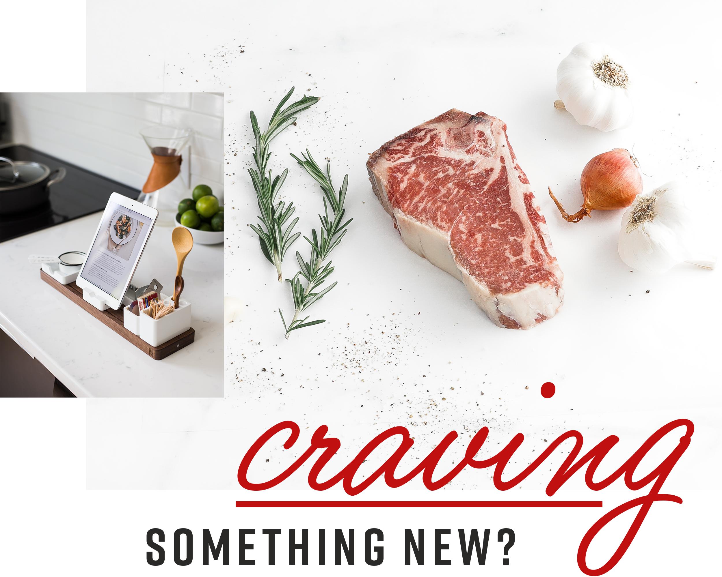 Images of Second City Prime steak and tablet with cooking instructions. Text reads "Craving something new?"