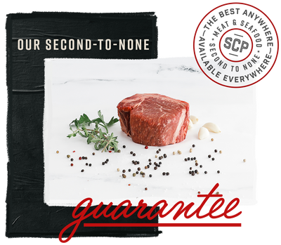A cut of Prime Bone-in Filet from Second City Prime with herbs and spices. Text reads 
