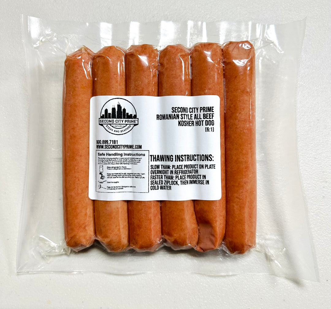 Package of six Romanian Style All Beef Kosher Hot Dogs, 1 lb total.