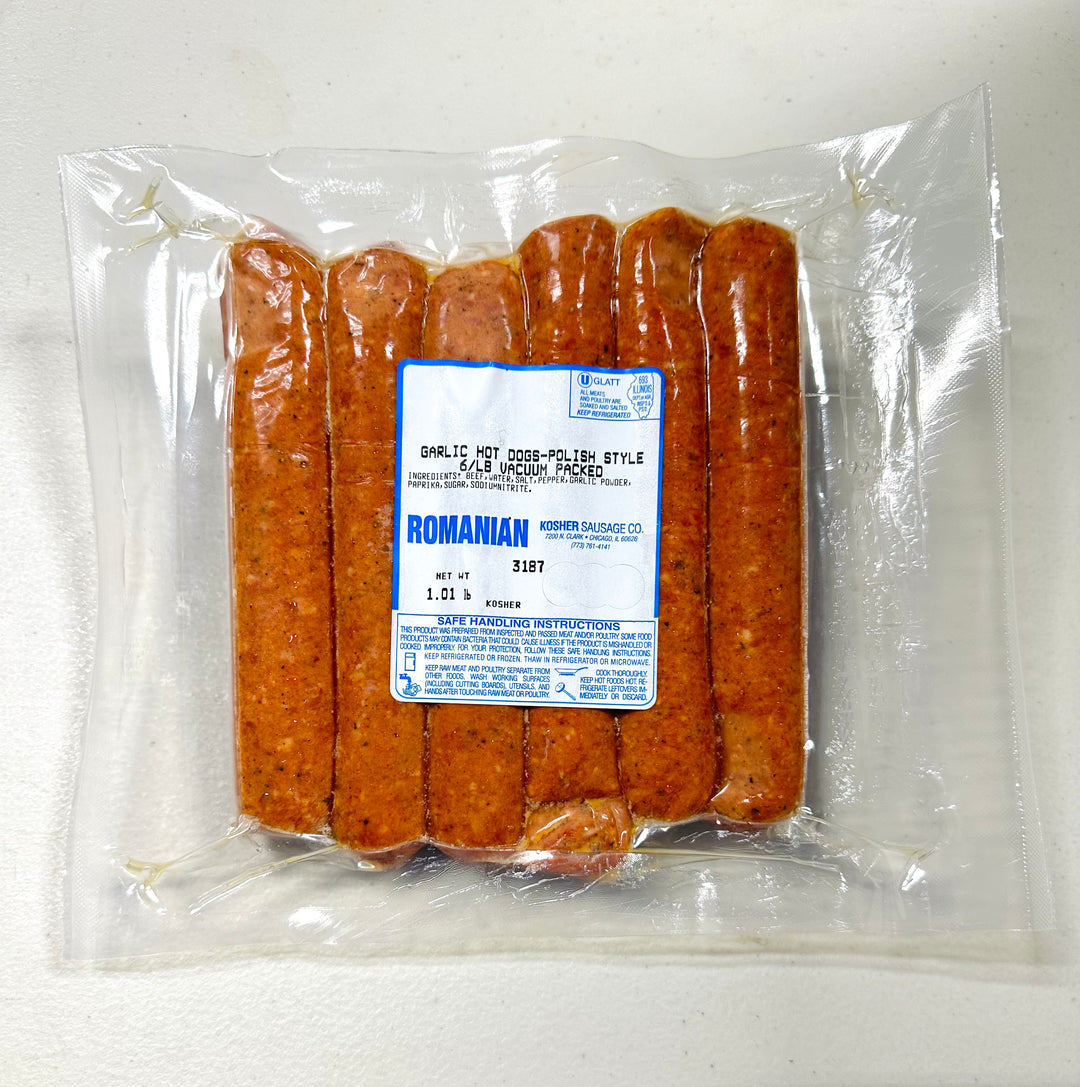 Romanian Kosher Garlic Polish Hot Dogs (6 pack). Delicious, high-quality beef hot dogs.