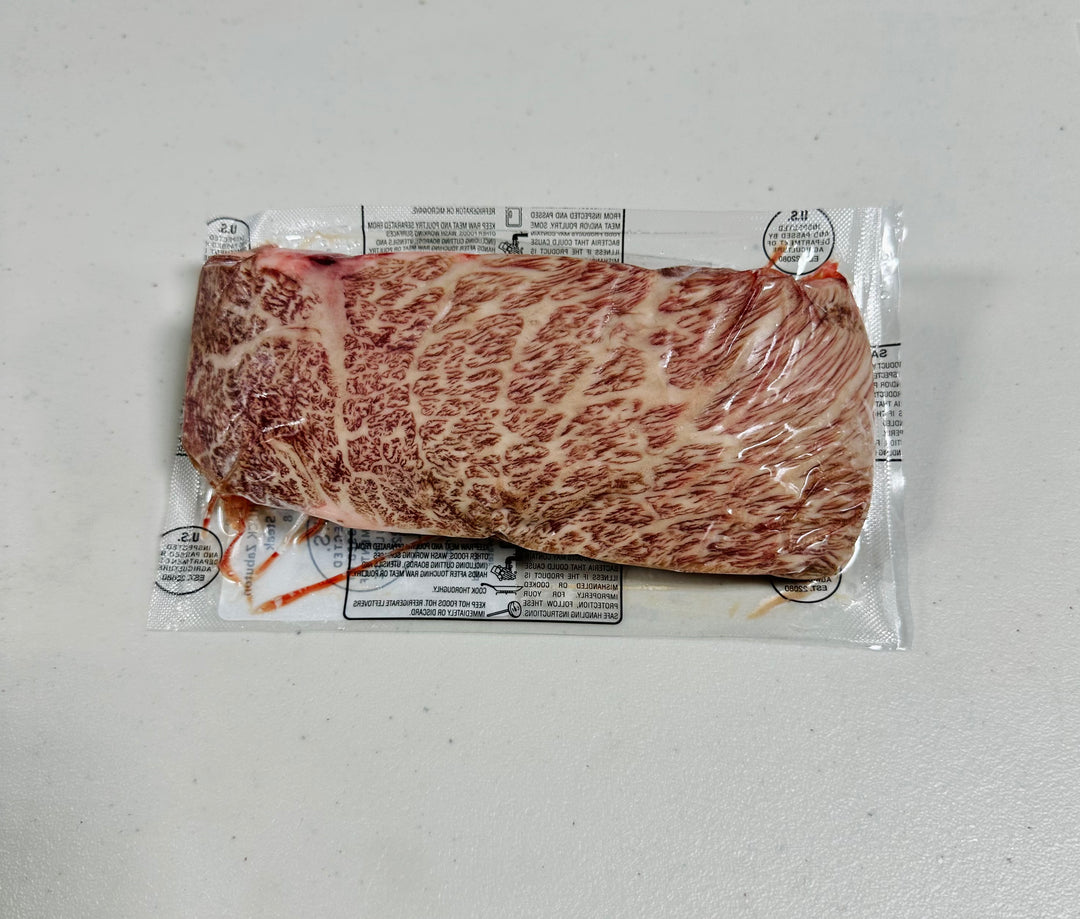 Japanese Wagyu A5 Chuck Zabuton (Denver) Steak with BMS 8 marbling.