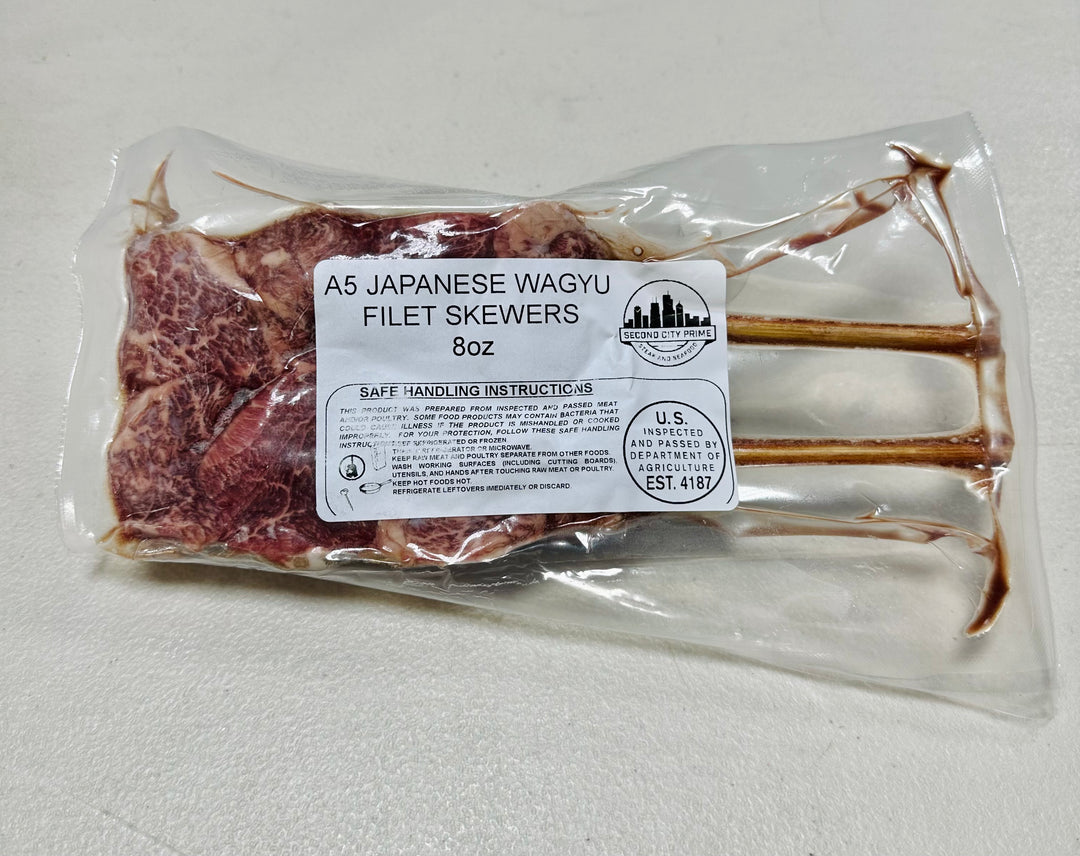 Close-up of A5 Japanese Wagyu Skewer Meat (8oz) showing rich marbling.