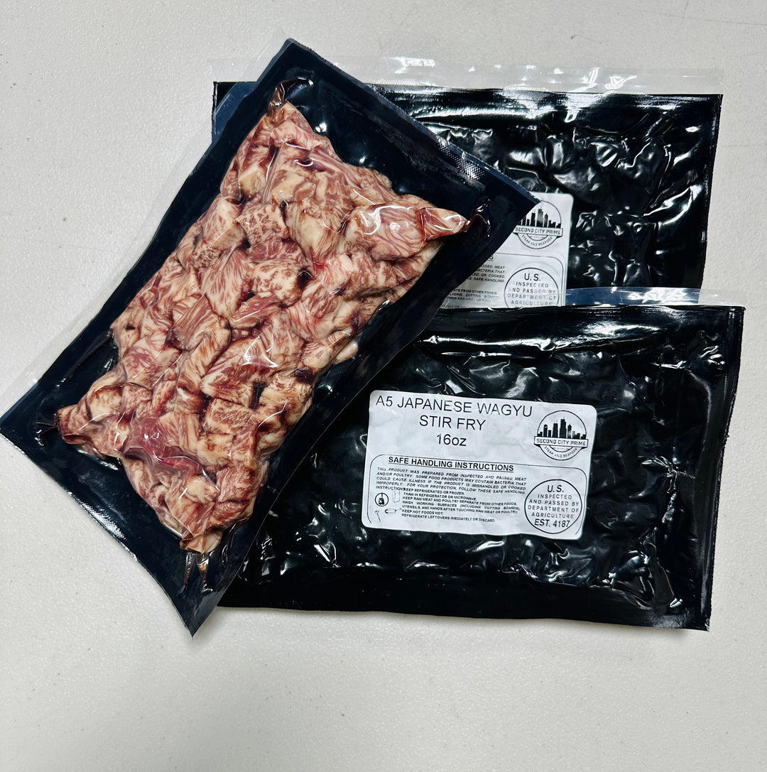 Japanese A5 Wagyu Stir Fry, 1 lb pack, ready to cook. Perfect for rice bowls and tacos.