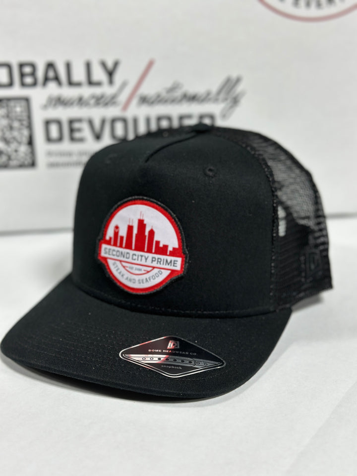 Front view of the Black SCP Skyline Logo Deep Trucker Hat.