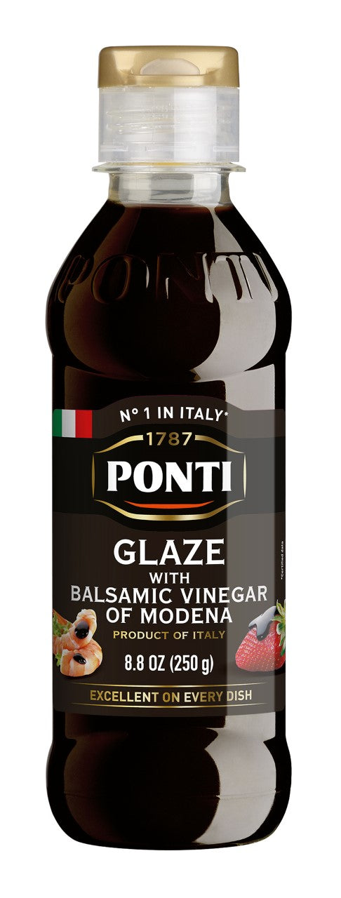 Ponti Balsamic Glaze of Modena Italy, 8.8 oz bottle. Perfect over salads, steak, or pork. Sweet and savory flavor.