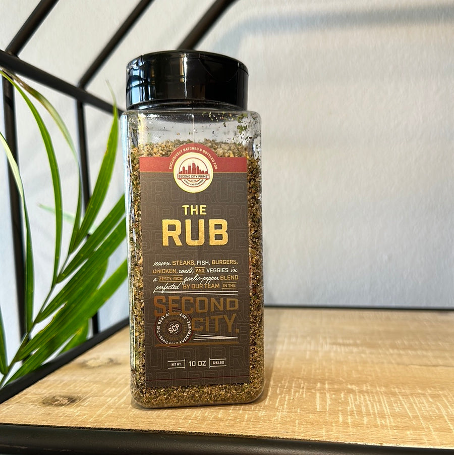 10oz bottle of The Rub seasoning blend with zesty garlic-pepper and porcini mushrooms.