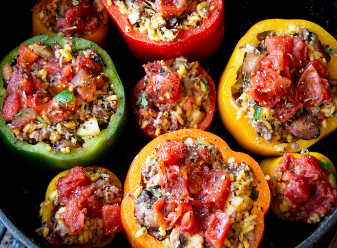 Bison, Mushroom, and Roasted Veggie Stuffed Peppers