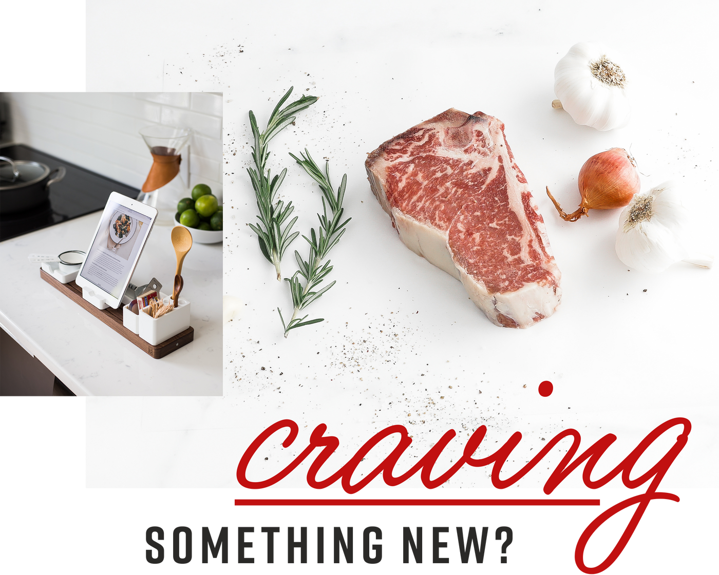 Images of Second City Prime steak and tablet with cooking instructions. Text reads "Craving something new?"