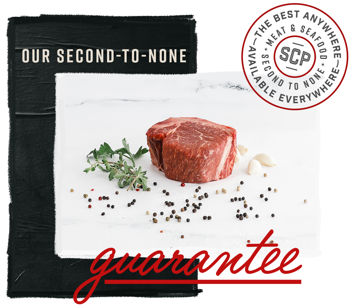 A cut of Prime Bone-in Filet from Second City Prime with herbs and spices. Text reads "Our Second-to-None Guarantee."