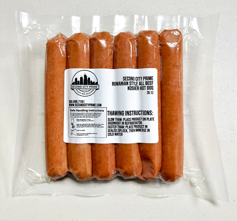 Romanian Style All Beef Kosher Hot Dogs (6 pack-2.7oz ea) (1lb)
