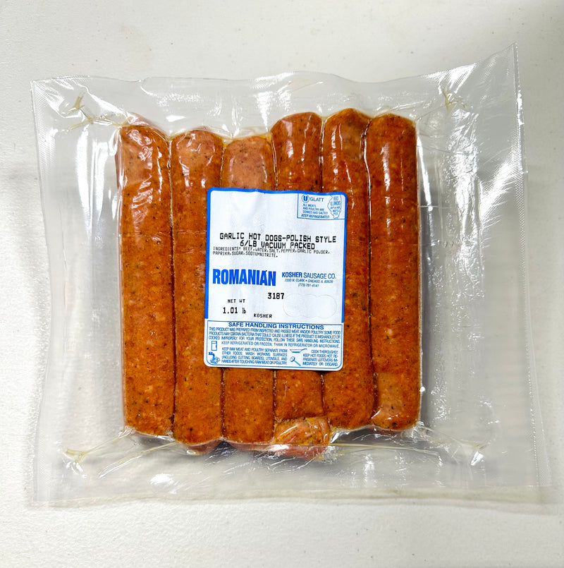 Romanian Kosher Garlic Polish Style Hot Dogs (6 pack-2.7oz ea) (1lb)