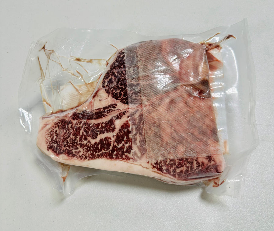 Stone Axe Australian Wagyu Porterhouse steak, MS 9+ marbling. A delicious cut of premium beef.